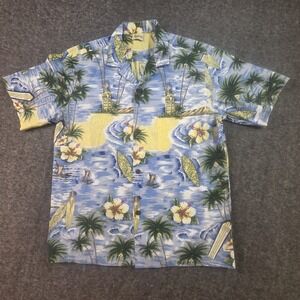 Vintage Royal Creations Aloha Shirt Men L Blue Surf Hibiscus USA Hawaiian Floral